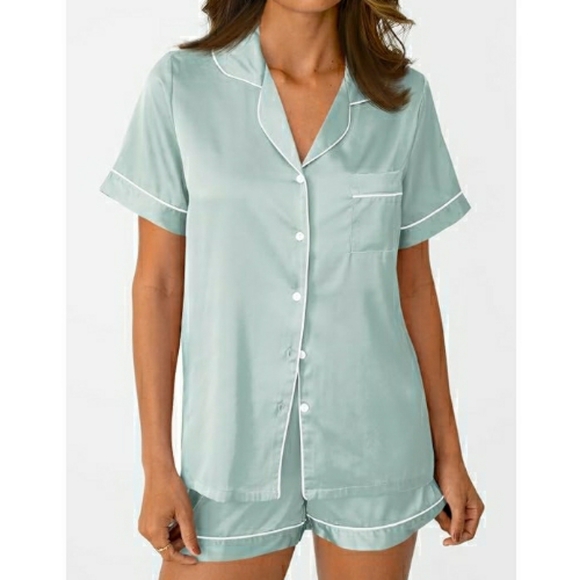 Silk Satin Fall Soft Pajama Set Matching Lounge Button Up Green - Picture 4 of 7